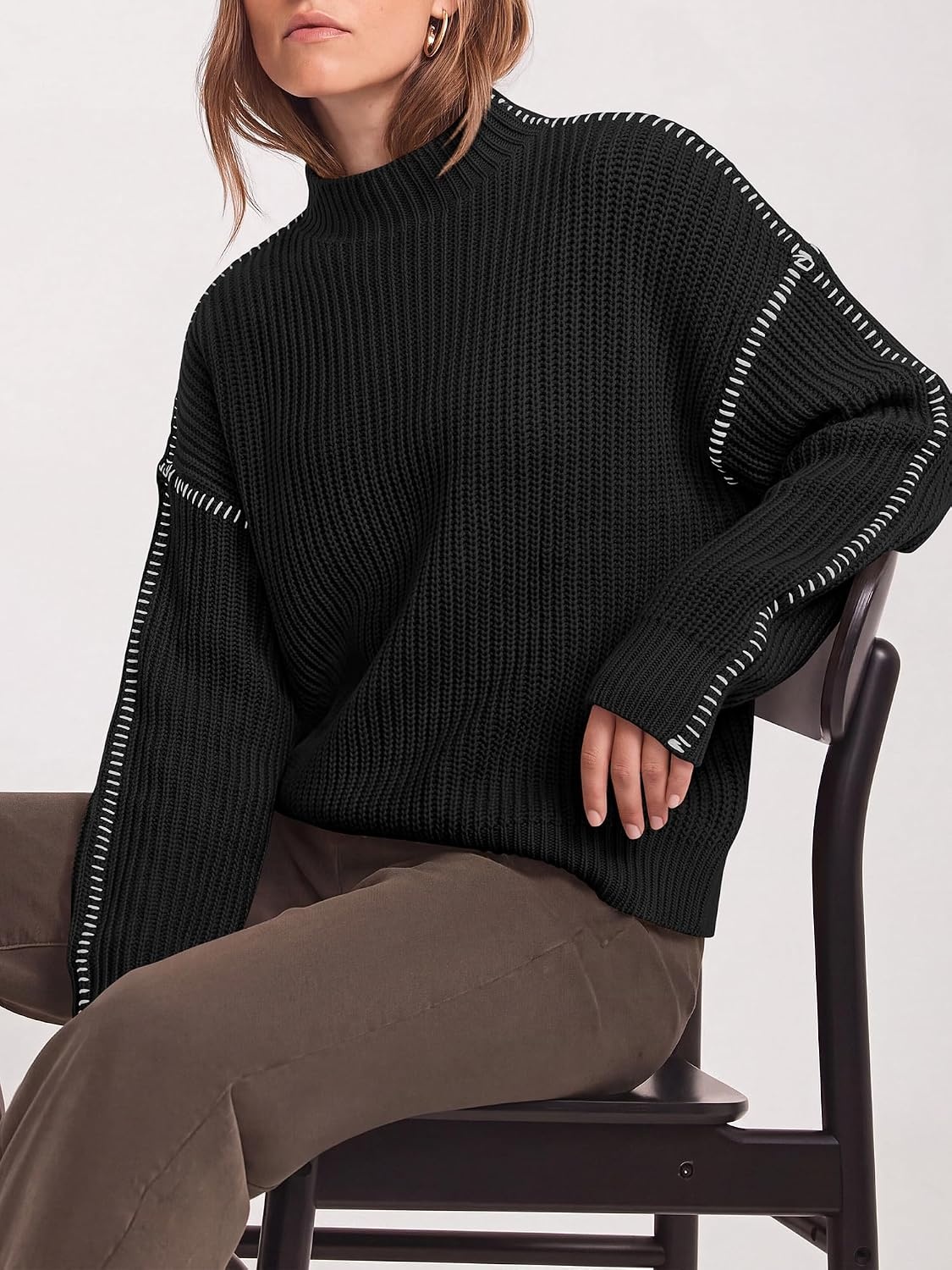 image:imageBTFBM Womens Oversized Sweaters Contrast Chunky Knit SweaterBlack