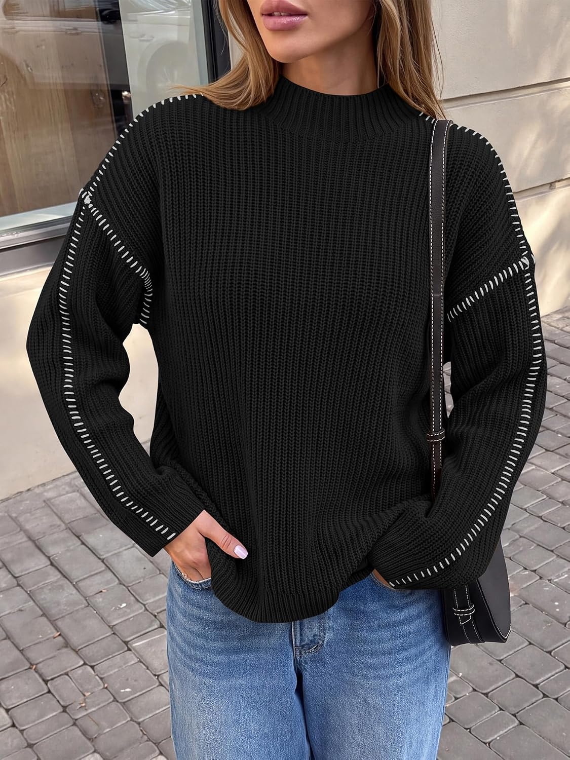 image:imageBTFBM Womens Oversized Sweaters Contrast Chunky Knit SweaterBlack