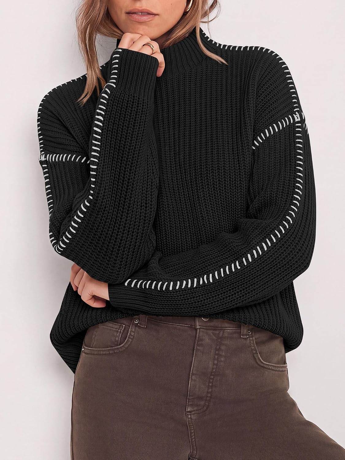 image:imageBTFBM Womens Oversized Sweaters Contrast Chunky Knit SweaterBlack