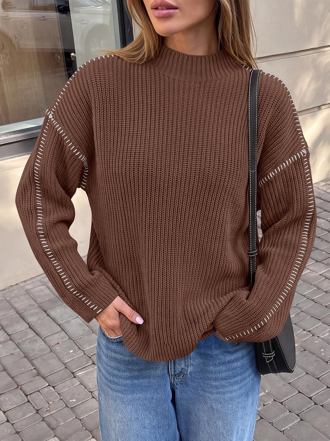 image:imageBTFBM Womens Oversized Sweaters Contrast Chunky Knit SweaterBrown