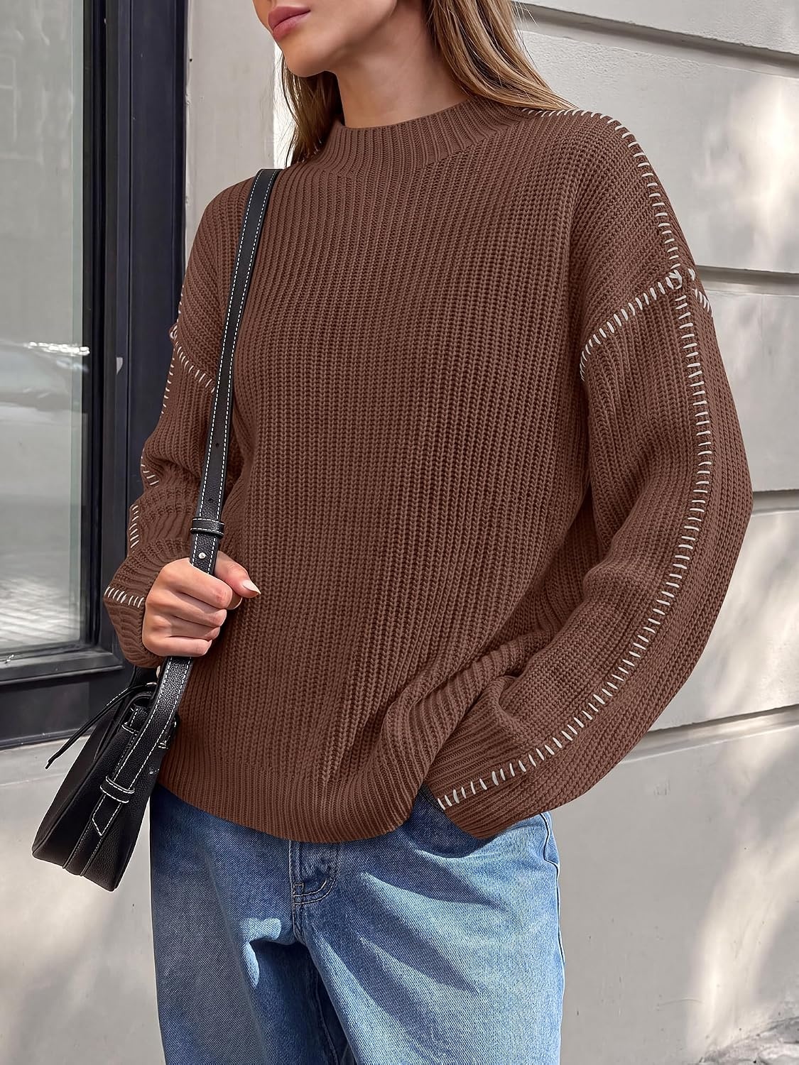 image:imageBTFBM Womens Oversized Sweaters Contrast Chunky Knit SweaterBrown
