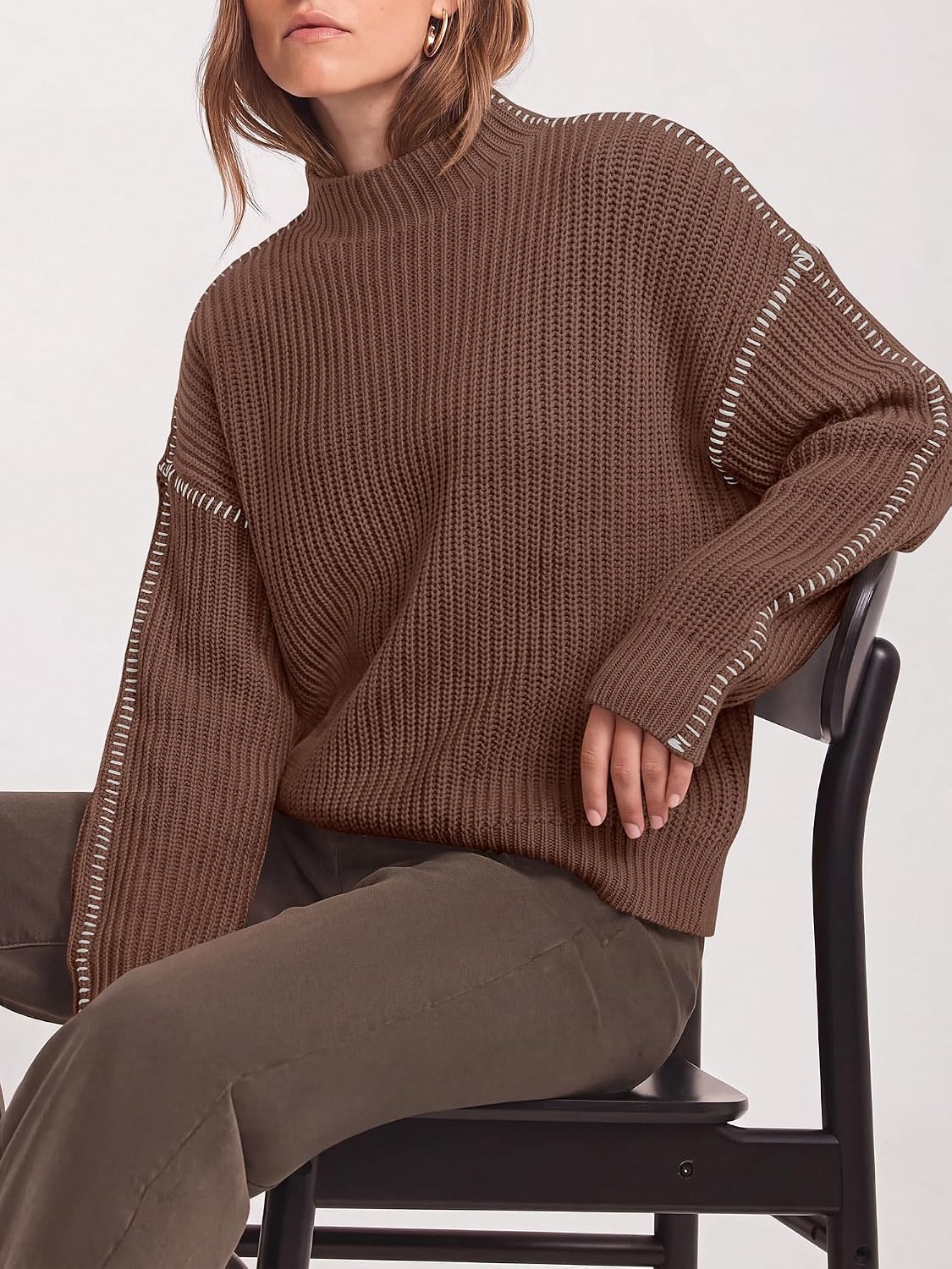 image:imageBTFBM Womens Oversized Sweaters Contrast Chunky Knit SweaterBrown