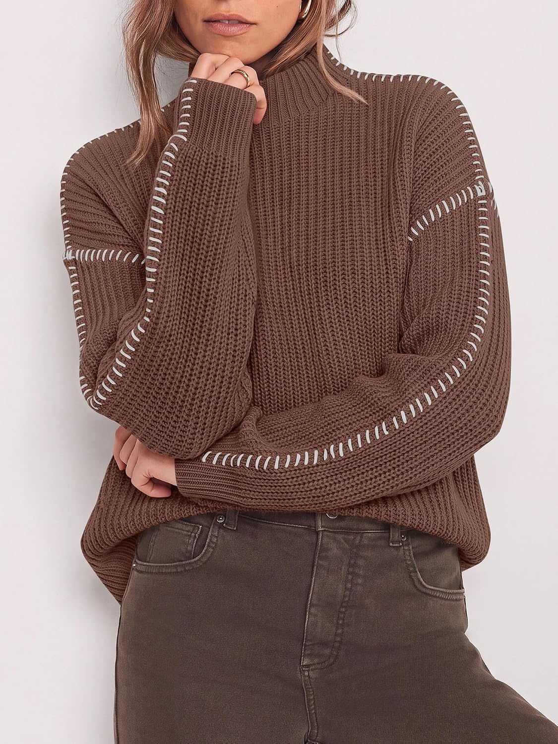 image:imageBTFBM Womens Oversized Sweaters Contrast Chunky Knit SweaterBrown
