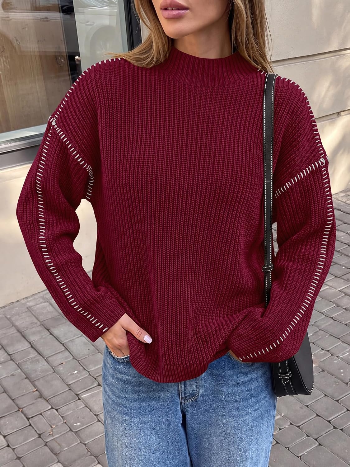 image:imageBTFBM Womens Oversized Sweaters Contrast Chunky Knit SweaterBurgundy