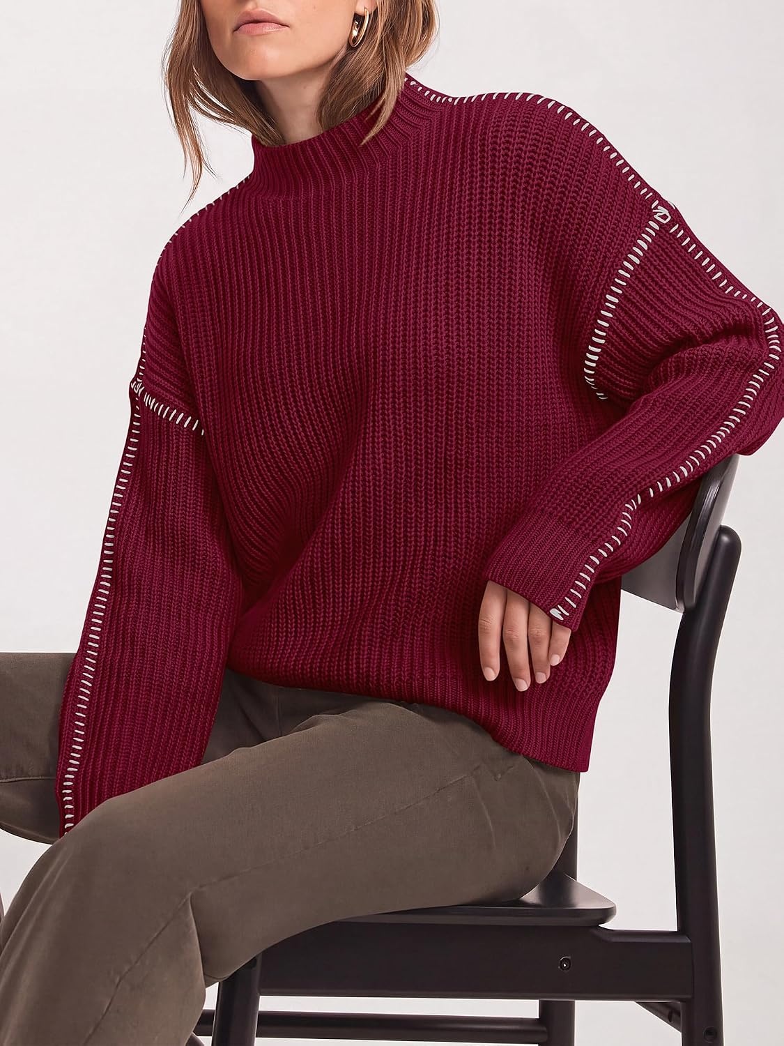 image:imageBTFBM Womens Oversized Sweaters Contrast Chunky Knit SweaterBurgundy