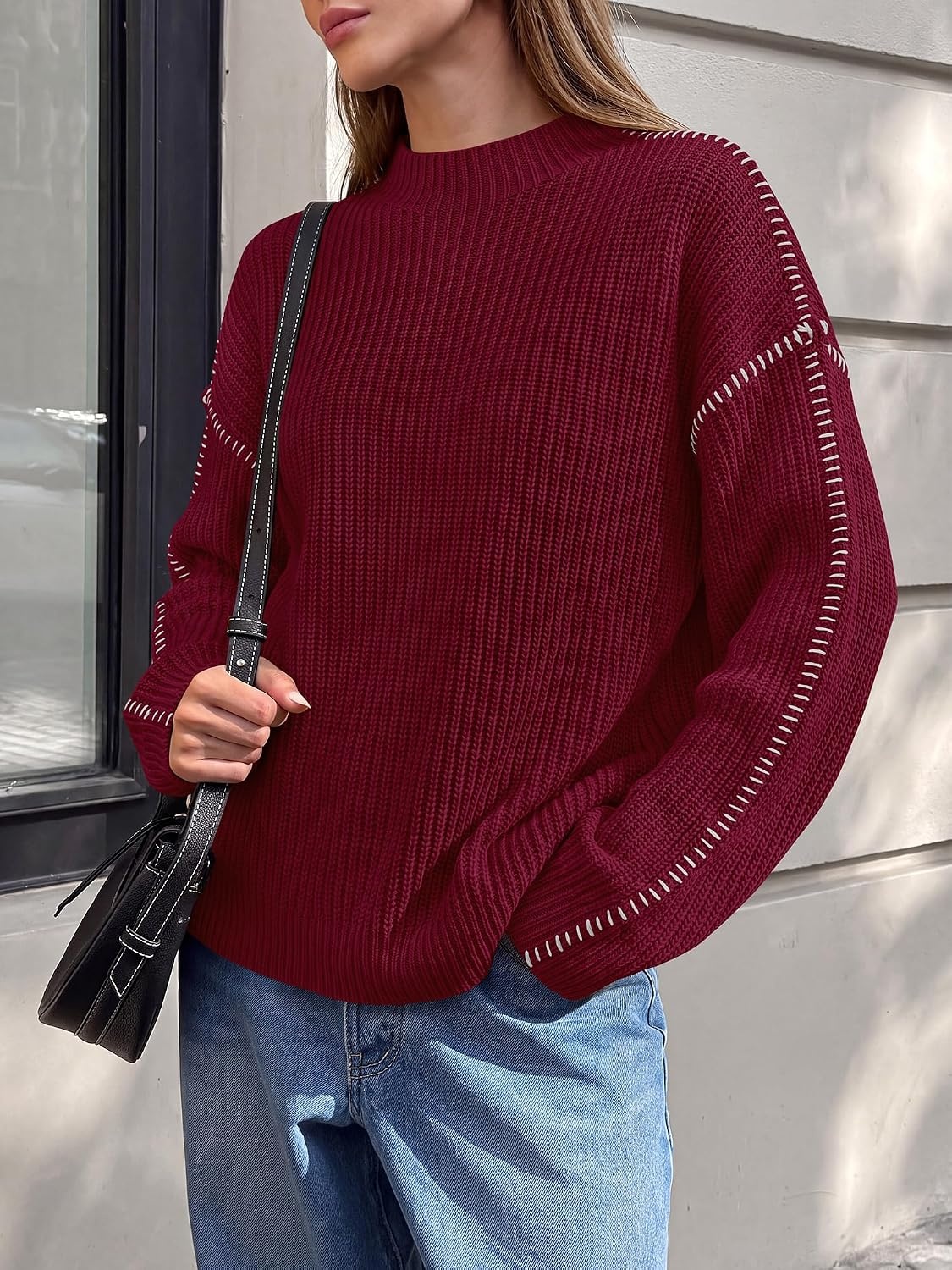 image:imageBTFBM Womens Oversized Sweaters Contrast Chunky Knit SweaterBurgundy
