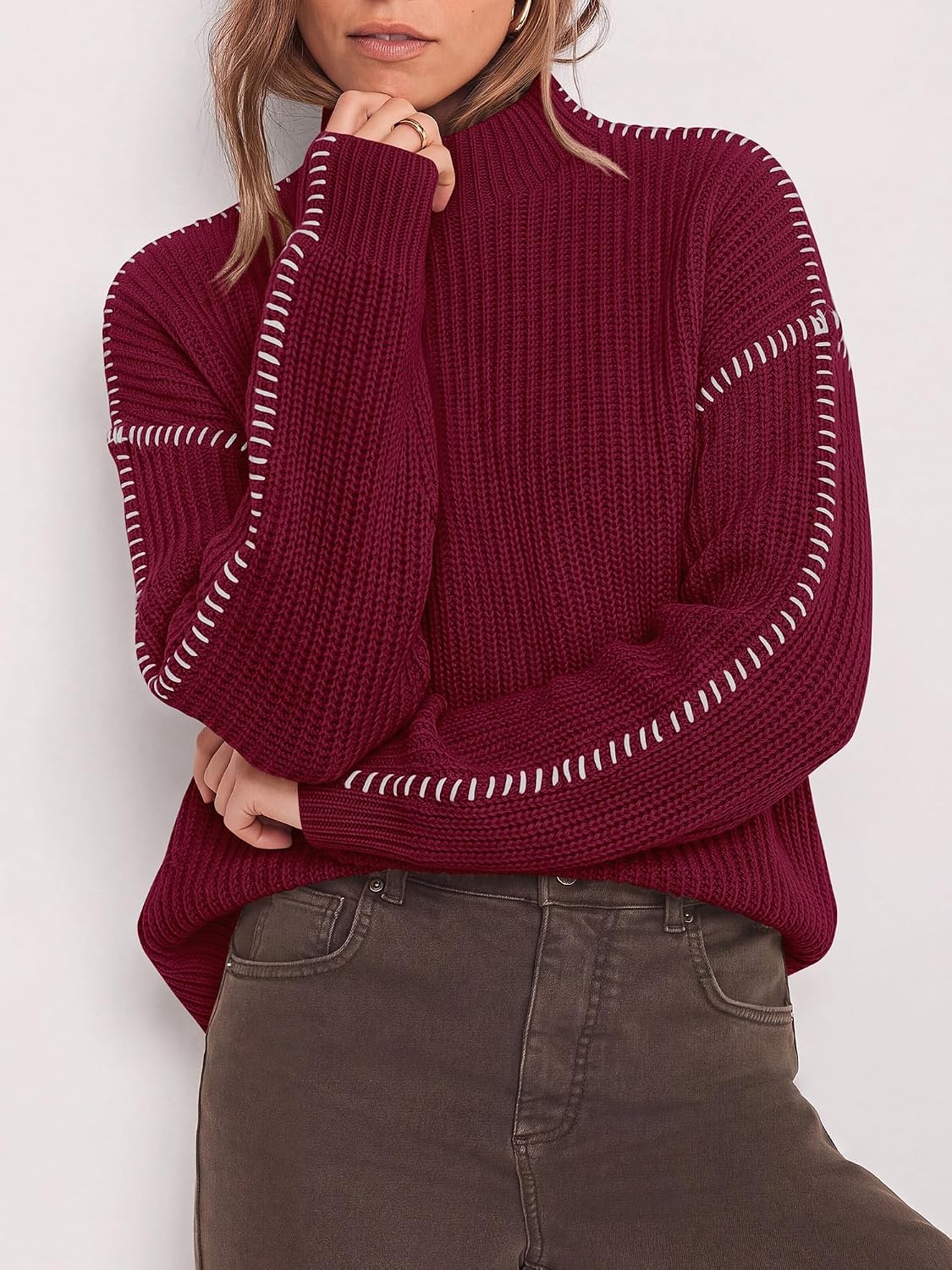 image:imageBTFBM Womens Oversized Sweaters Contrast Chunky Knit SweaterBurgundy
