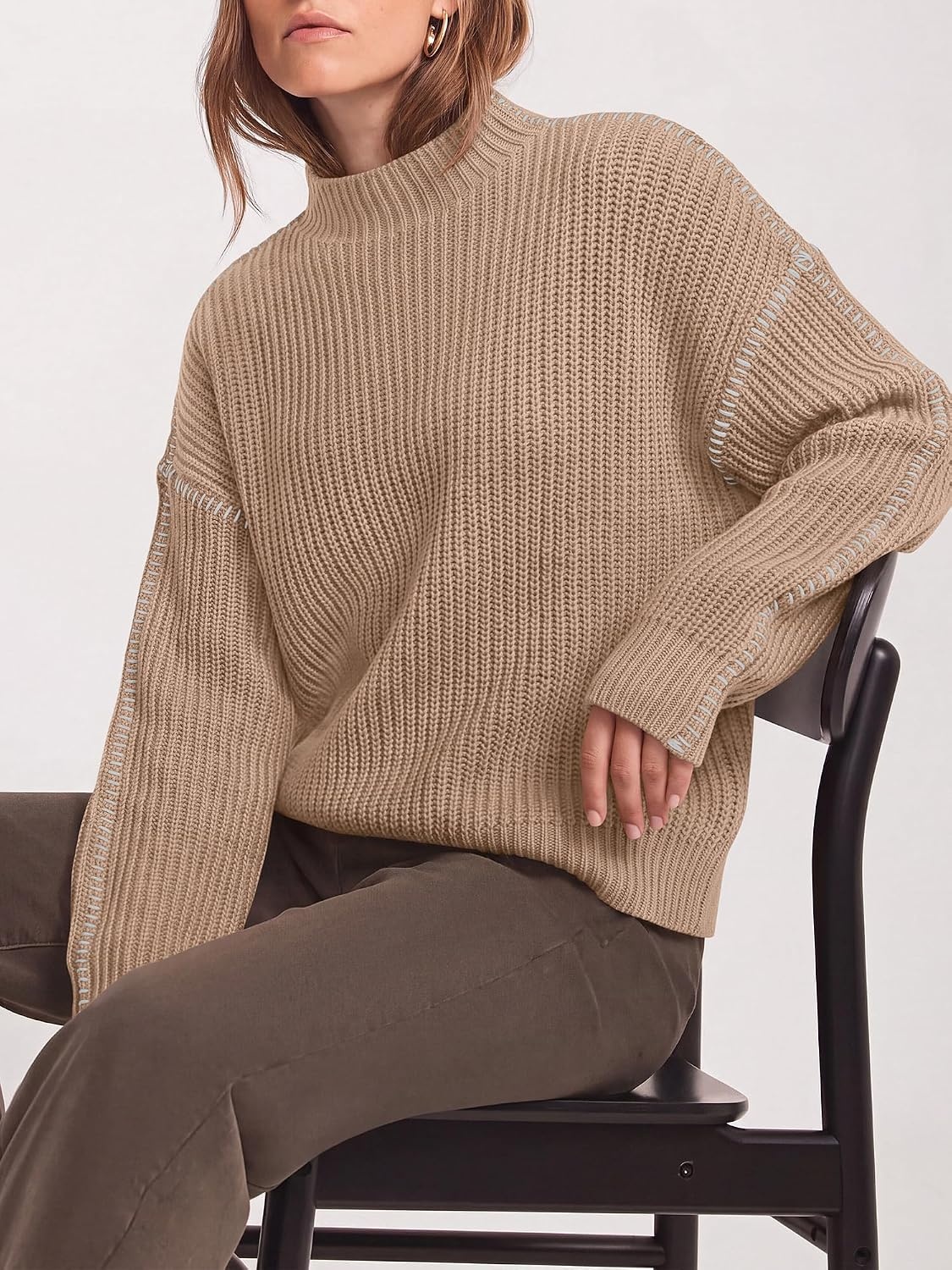 image:imageBTFBM Womens Oversized Sweaters Contrast Chunky Knit SweaterKhaki