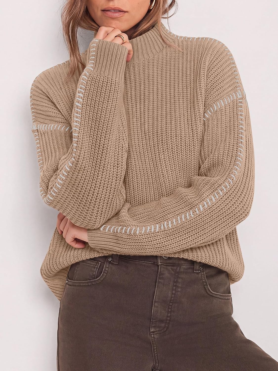 image:imageBTFBM Womens Oversized Sweaters Contrast Chunky Knit SweaterKhaki