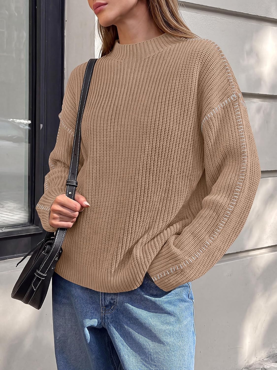 image:imageBTFBM Womens Oversized Sweaters Contrast Chunky Knit SweaterKhaki