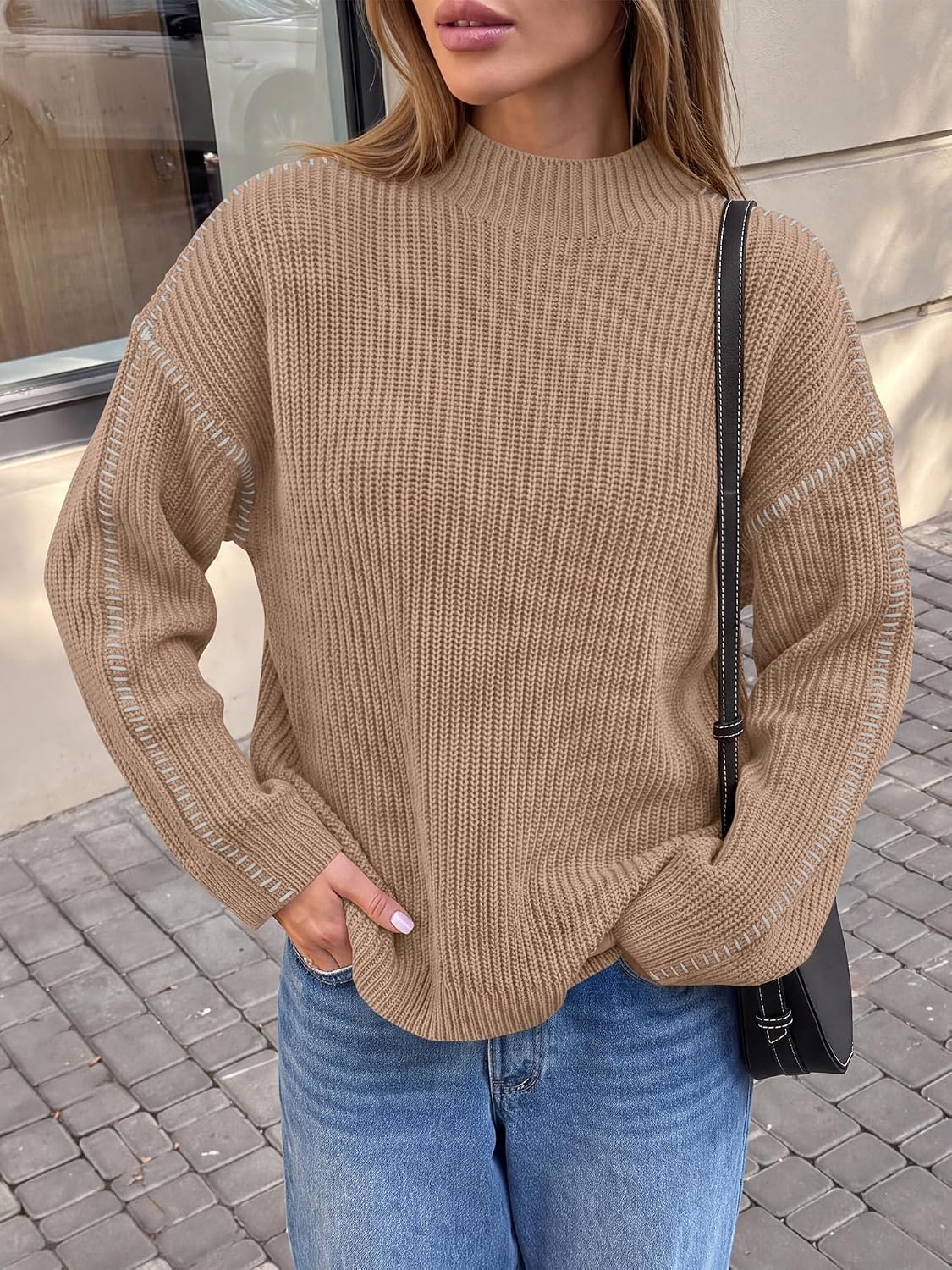 image:imageBTFBM Womens Oversized Sweaters Contrast Chunky Knit SweaterKhaki
