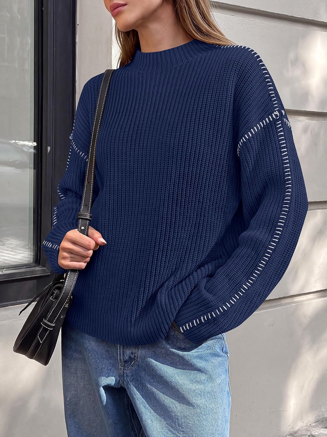 image:imageBTFBM Womens Oversized Sweaters Contrast Chunky Knit SweaterNavy