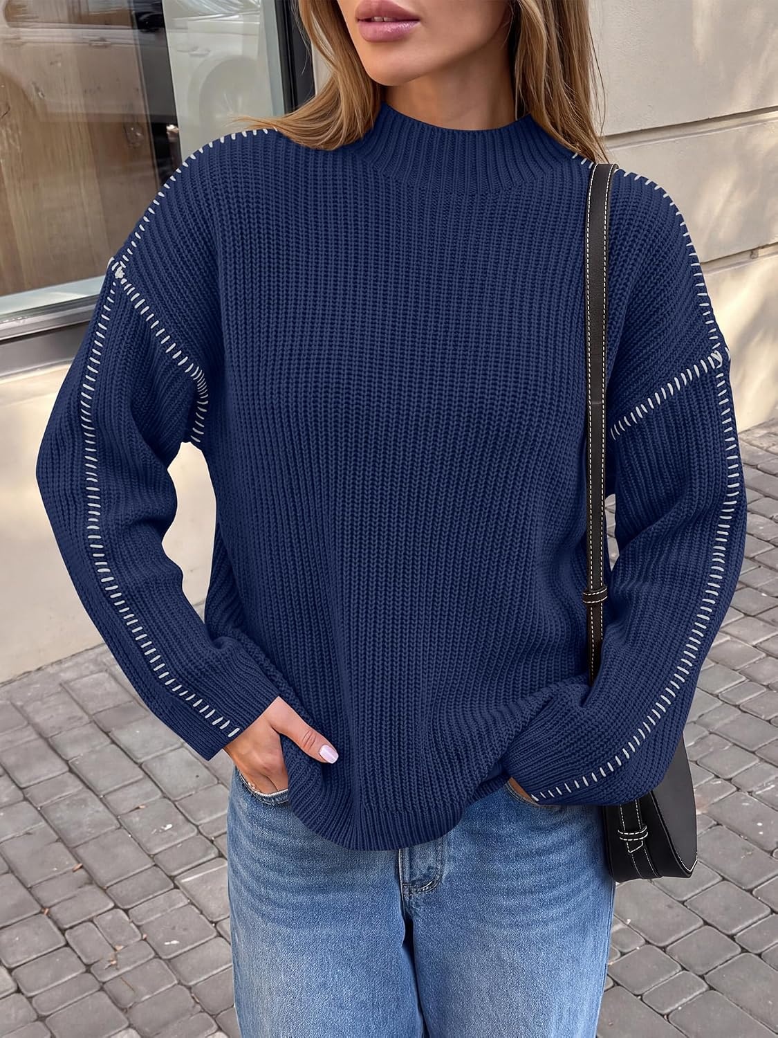 image:imageBTFBM Womens Oversized Sweaters Contrast Chunky Knit SweaterNavy