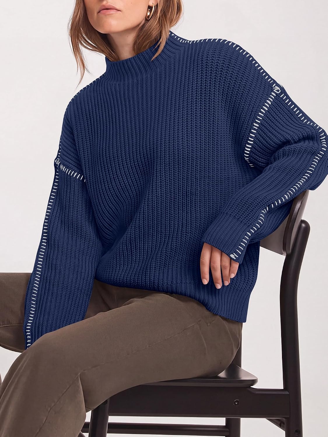 image:imageBTFBM Womens Oversized Sweaters Contrast Chunky Knit SweaterNavy