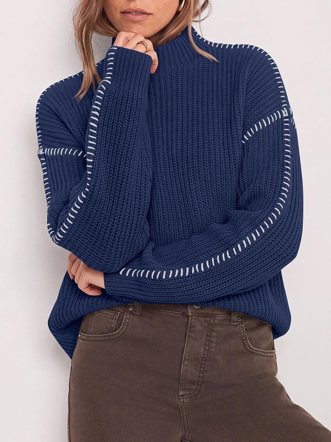 image:imageBTFBM Womens Oversized Sweaters Contrast Chunky Knit SweaterNavy