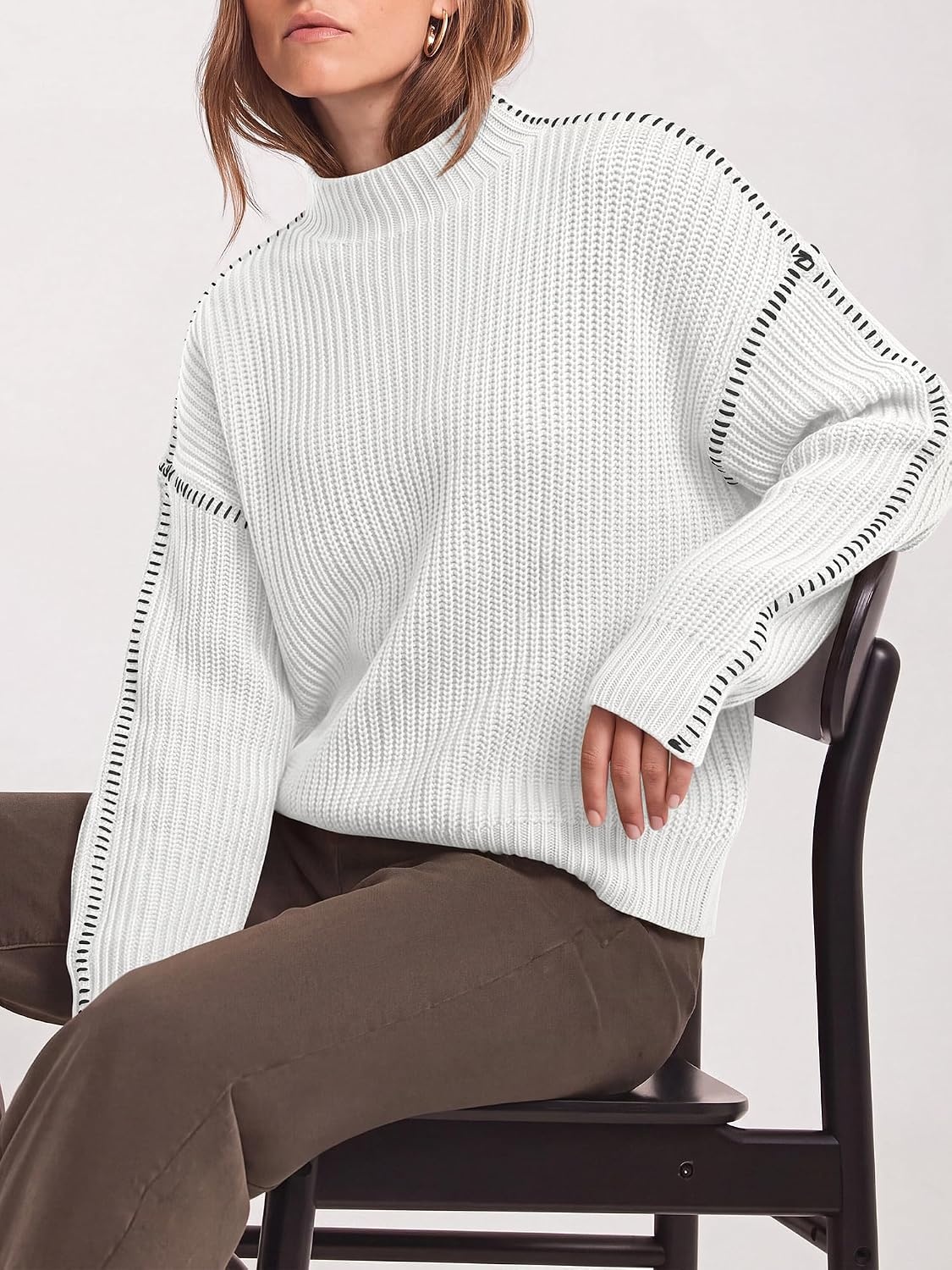 image:imageBTFBM Womens Oversized Sweaters Contrast Chunky Knit SweaterWhite