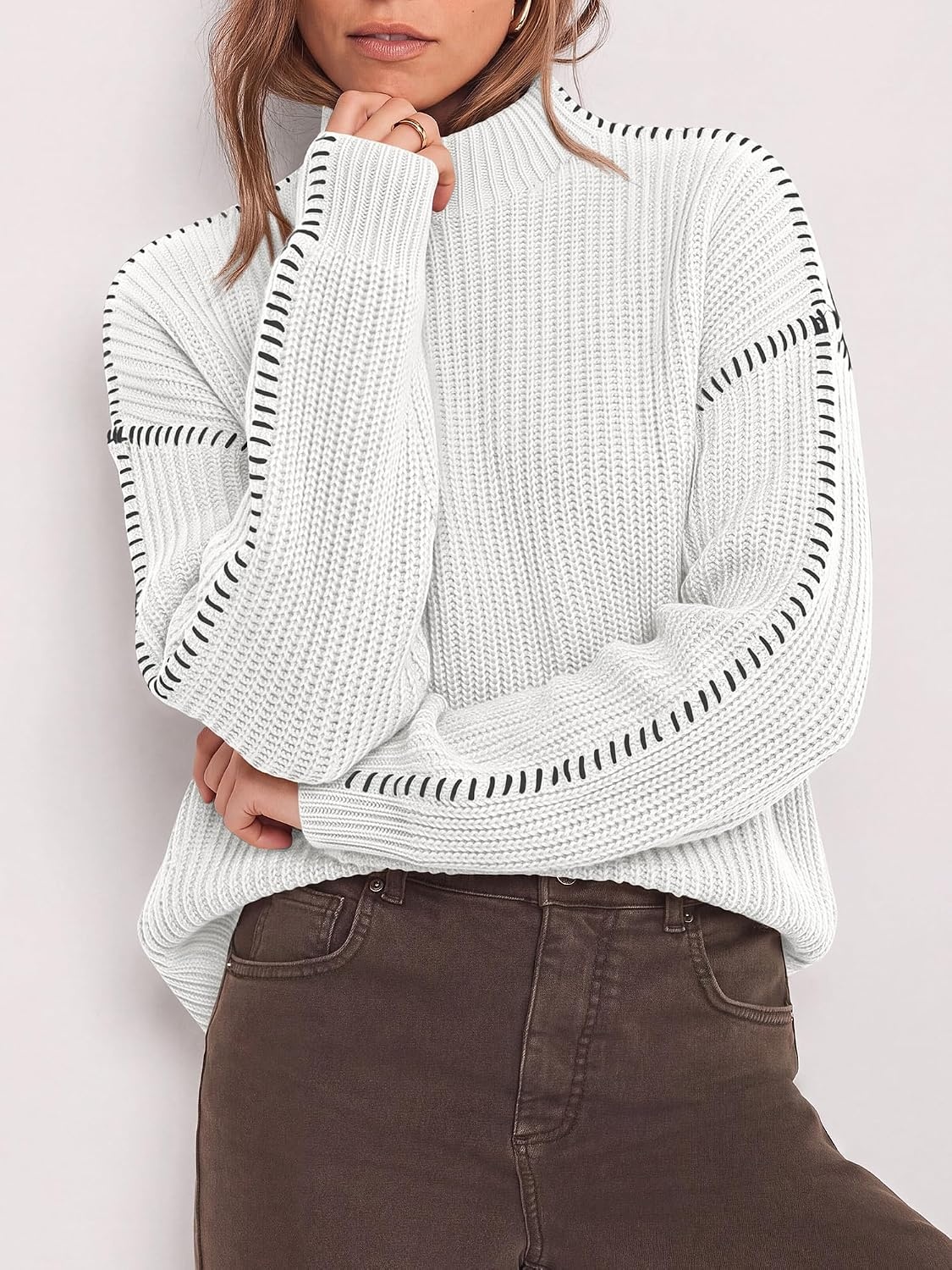image:imageBTFBM Womens Oversized Sweaters Contrast Chunky Knit SweaterWhite