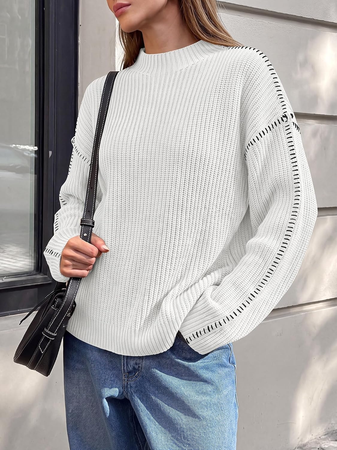 image:imageBTFBM Womens Oversized Sweaters Contrast Chunky Knit SweaterWhite