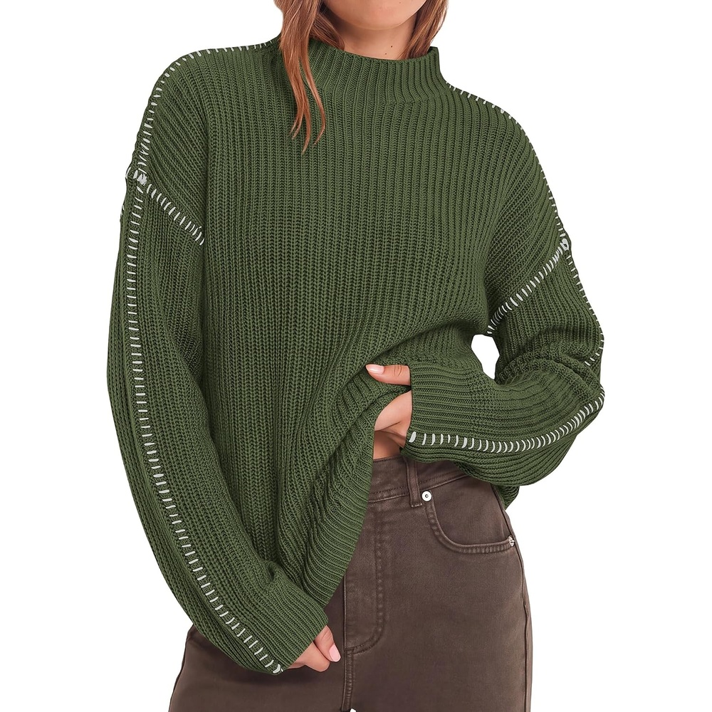 image:imageBTFBM Womens Oversized Sweaters Contrast Chunky Knit SweaterArmy Green