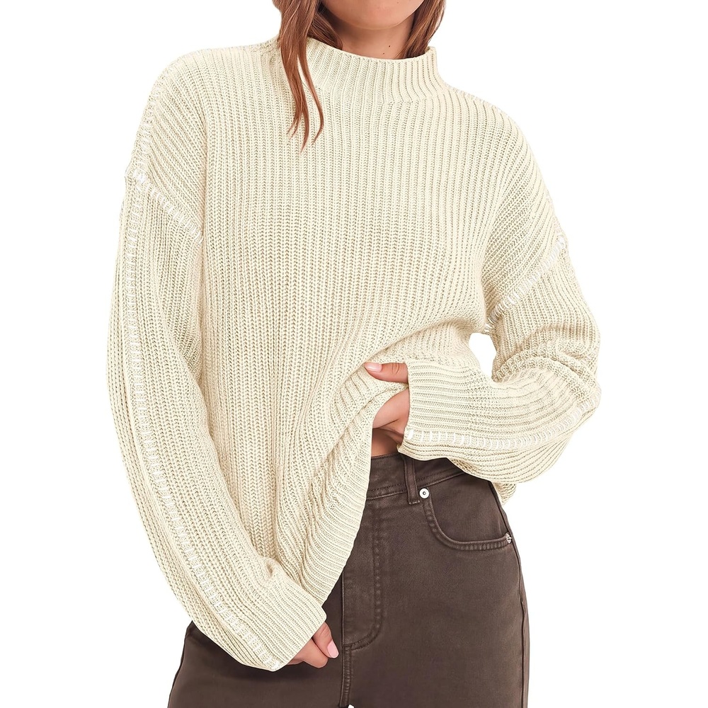 image:imageBTFBM Womens Oversized Sweaters Contrast Chunky Knit SweaterBeige