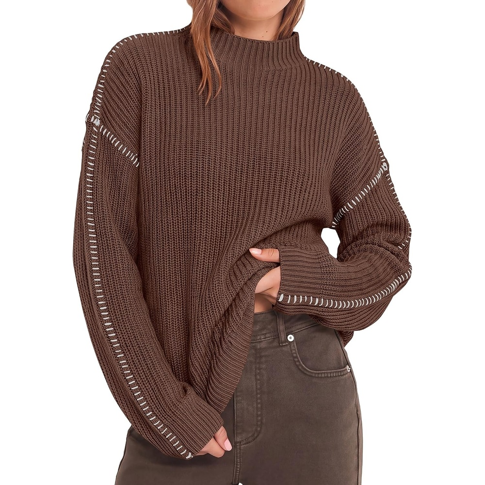 image:imageBTFBM Womens Oversized Sweaters Contrast Chunky Knit SweaterBrown