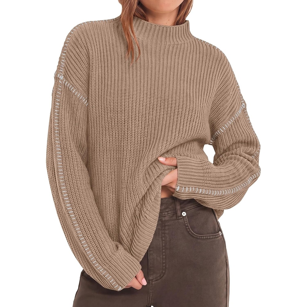 image:imageBTFBM Womens Oversized Sweaters Contrast Chunky Knit SweaterKhaki