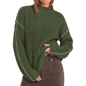BTFBM Womens Oversized Sweaters Contrast Chunky Knit Sweater(Army Green)
