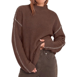 BTFBM Womens Oversized Sweaters Contrast Chunky Knit Sweater(Brown)