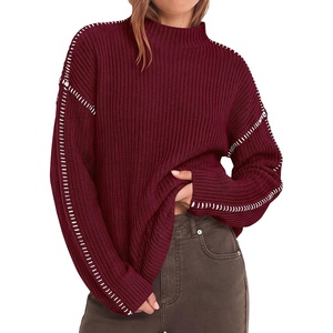 BTFBM Womens Oversized Sweaters Contrast Chunky Knit Sweater(Burgundy)