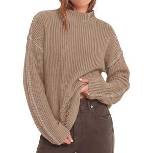 BTFBM Womens Oversized Sweaters Contrast Chunky Knit Sweater(Khaki)
