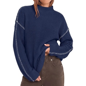BTFBM Womens Oversized Sweaters Contrast Chunky Knit Sweater(Navy)