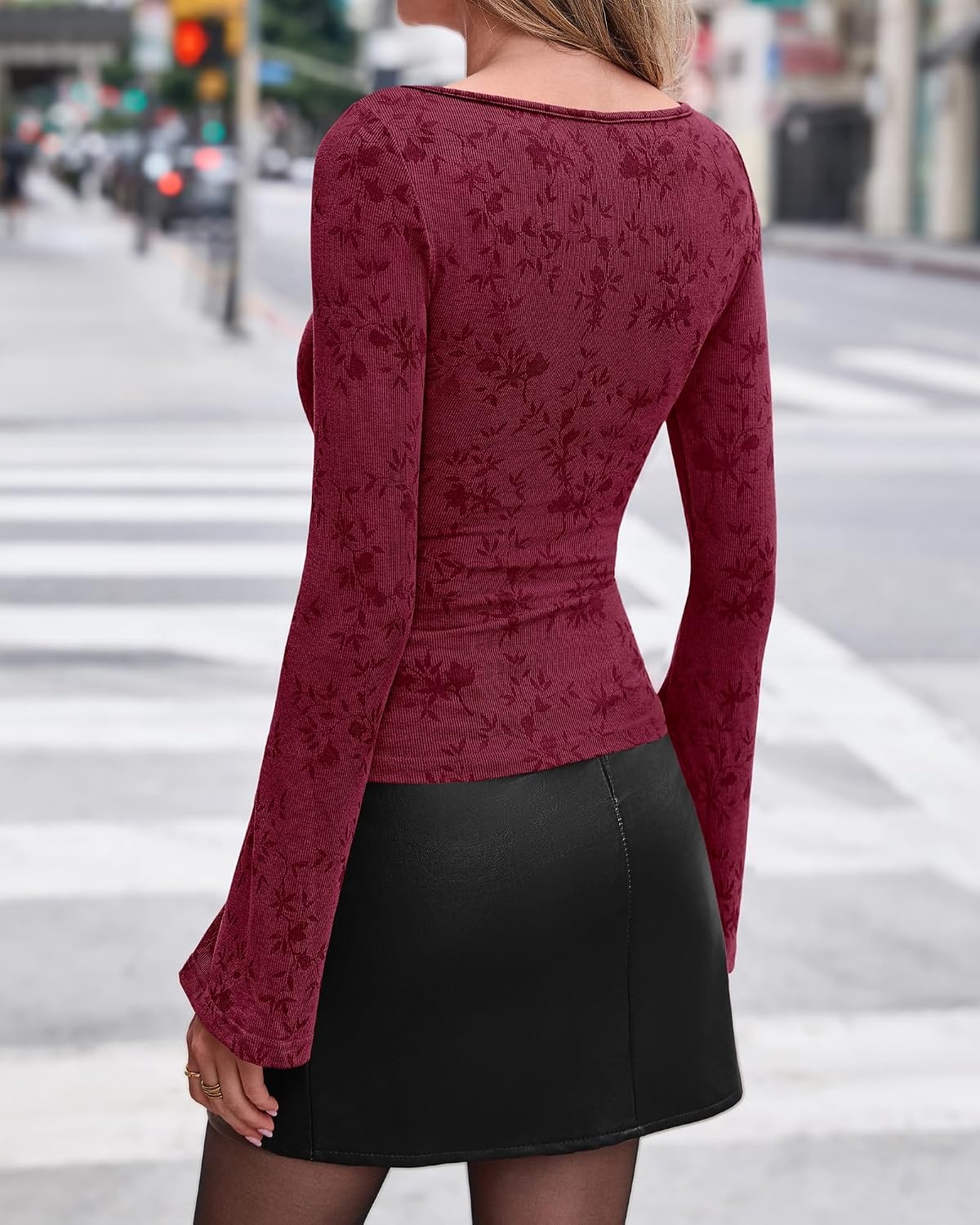 image:imageBTFBM Womens Bell Long Sleeve Boat Neck Floral Ribbed Knit TopsBurgundy