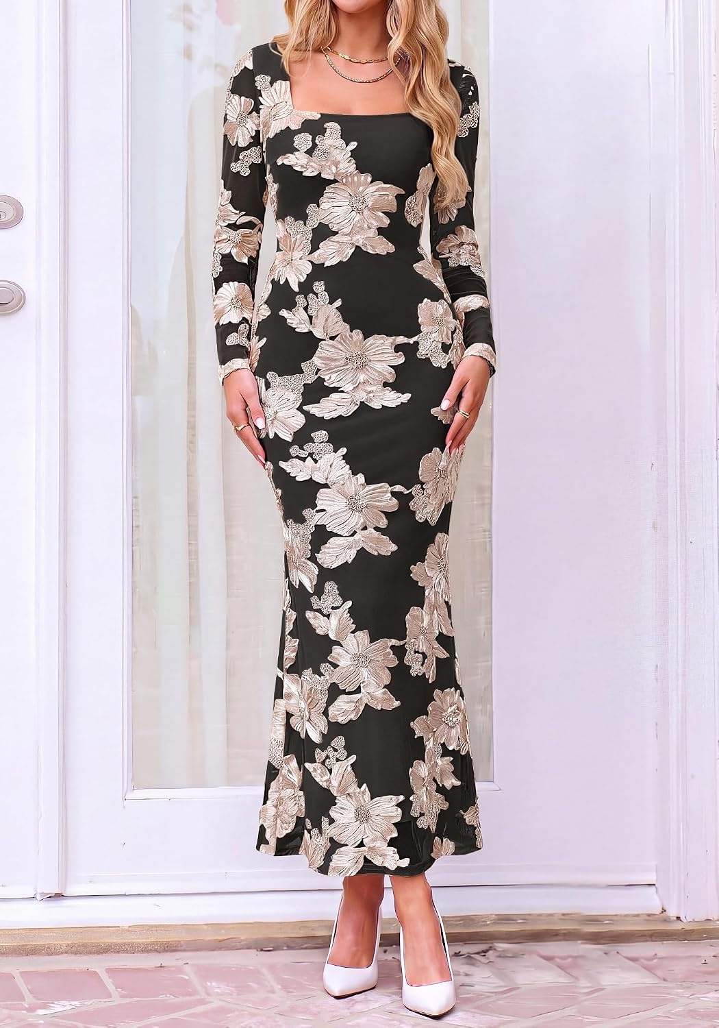 image:imageBTFBM Womens Long Sleeve Bodycon Floral Mesh Maxi Fall Wedding Guest DressBlack Apricot