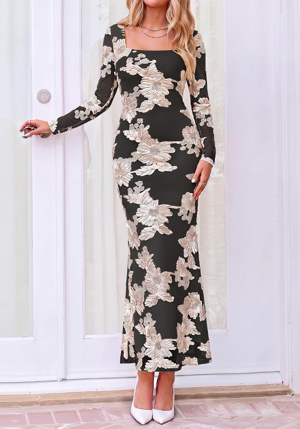 image:imageBTFBM Womens Long Sleeve Bodycon Floral Mesh Maxi Fall Wedding Guest DressBlack Apricot