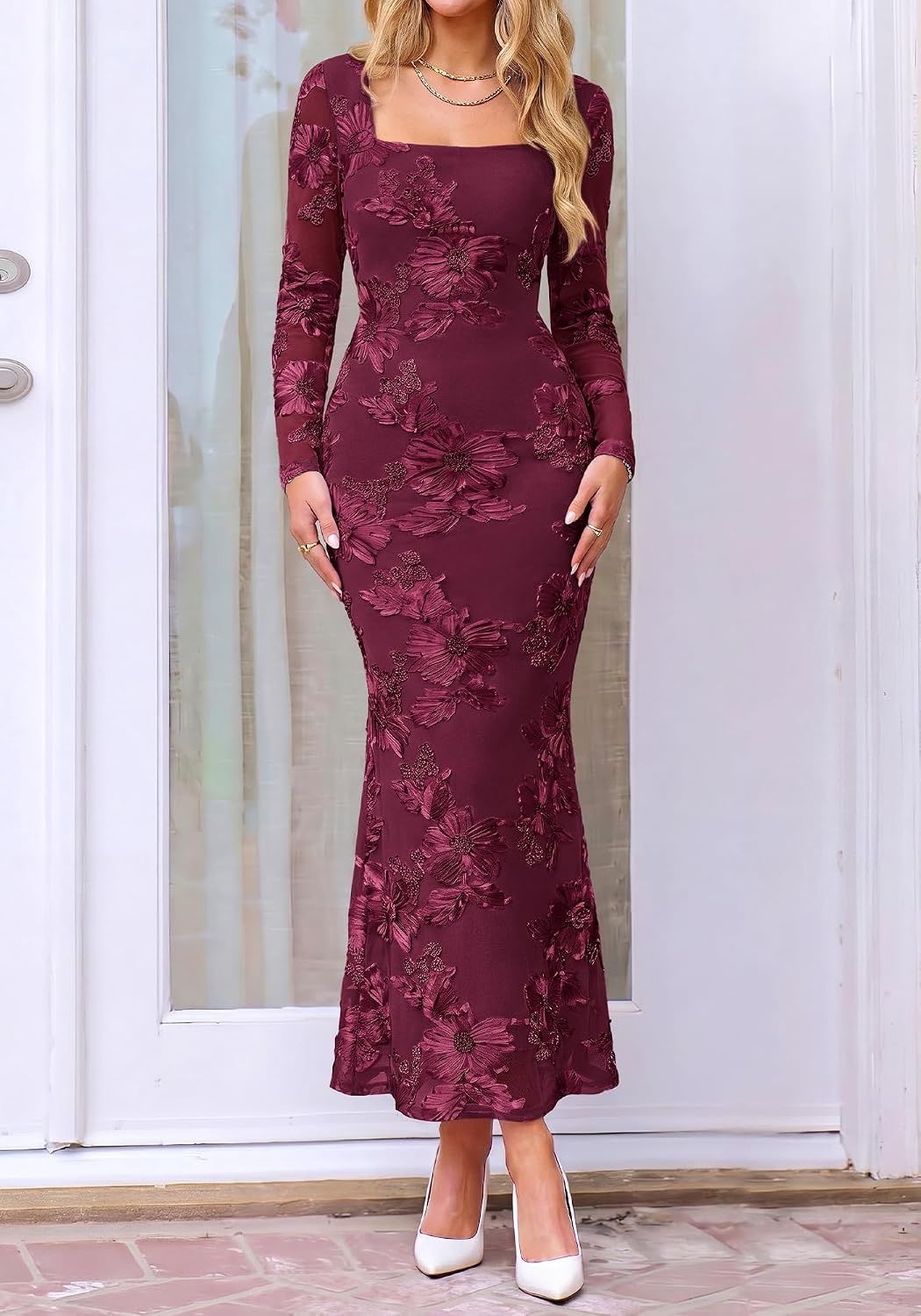 image:imageBTFBM Womens Long Sleeve Bodycon Floral Mesh Maxi Fall Wedding Guest DressBurgundy