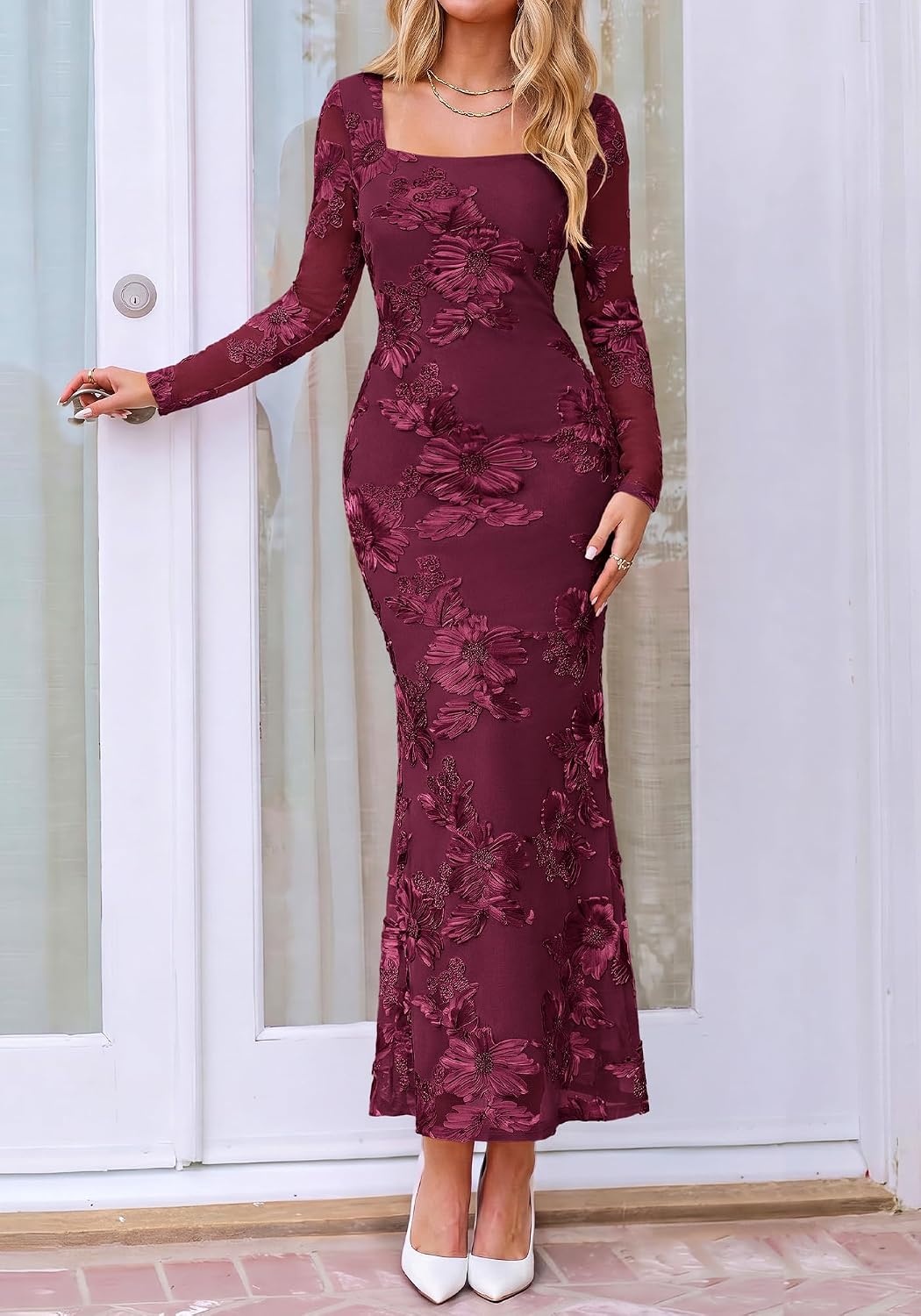 image:imageBTFBM Womens Long Sleeve Bodycon Floral Mesh Maxi Fall Wedding Guest DressBurgundy