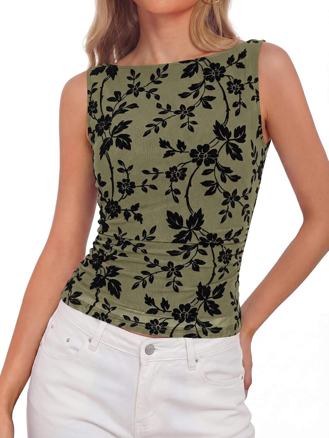 image:imageBTFBM Womens Tank Tops Mesh Floral ShirtsArmy Green