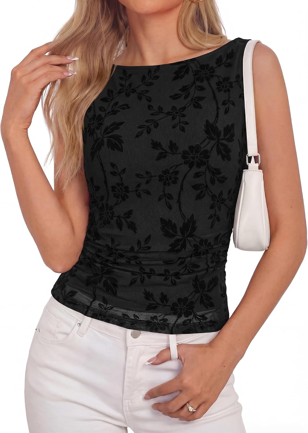 image:imageBTFBM Womens Tank Tops Mesh Floral ShirtsBlack