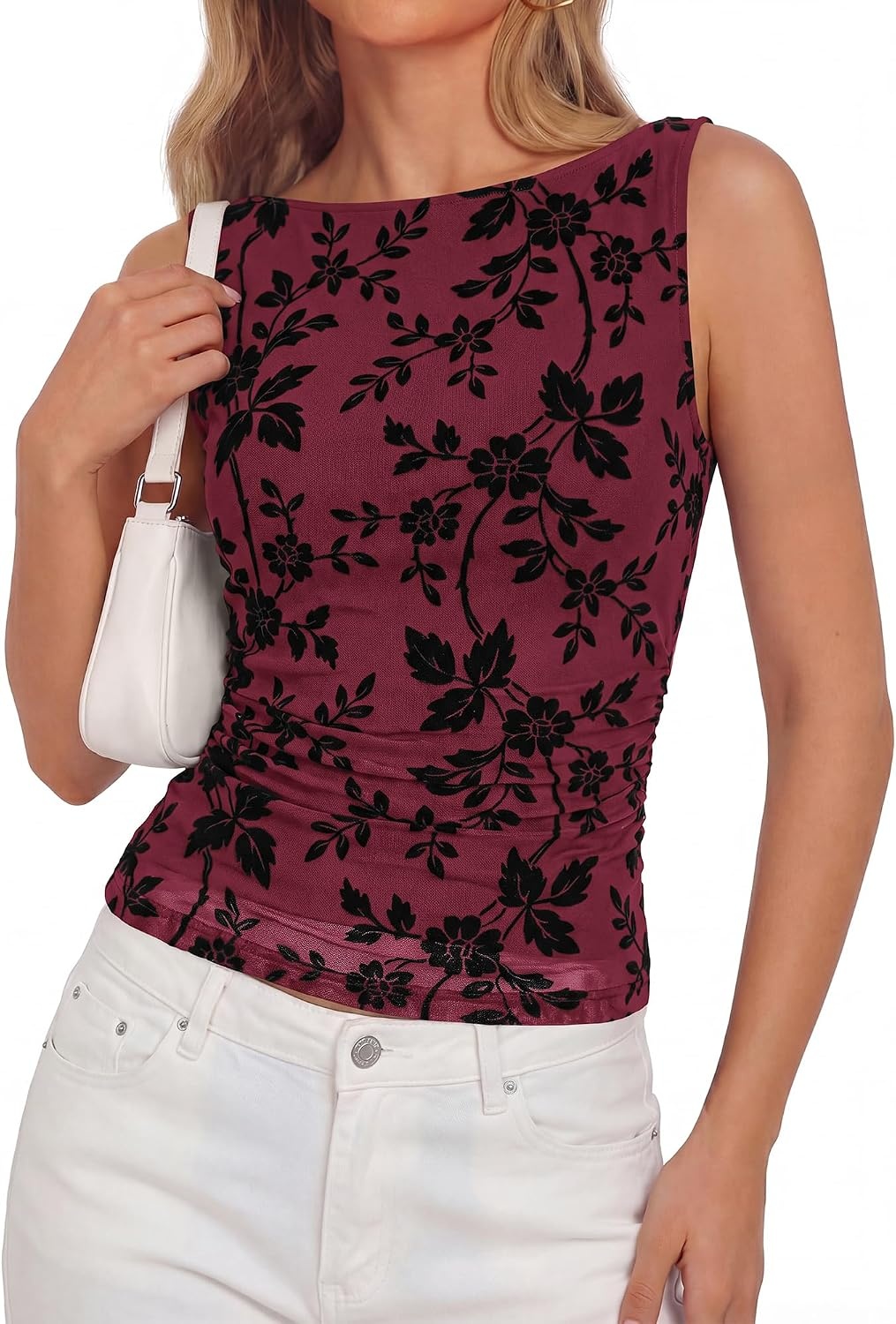 image:imageBTFBM Womens Tank Tops Mesh Floral ShirtsBurgundy