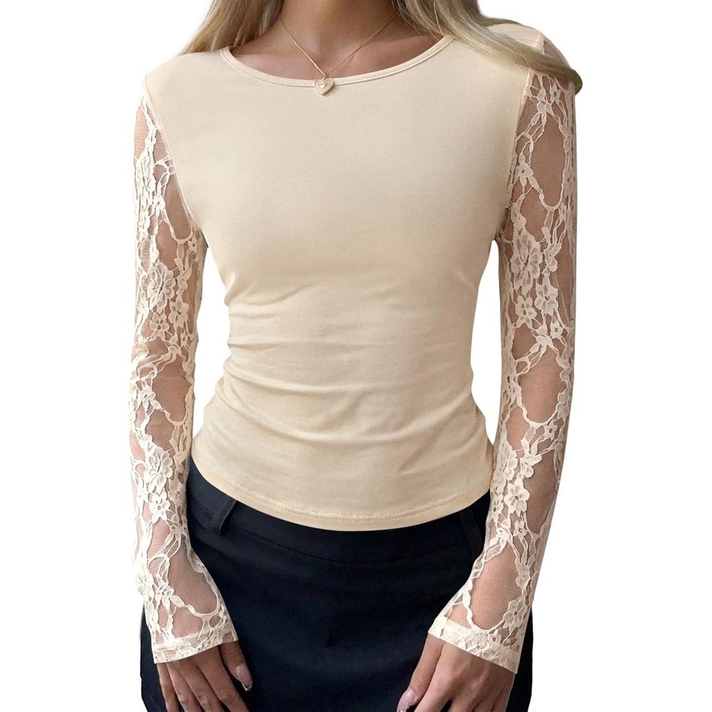 image:imageBTFBM Fall Tops for Women 2026 Sheer Lace Long Sleeve Top Slim Fit BlousesApricot