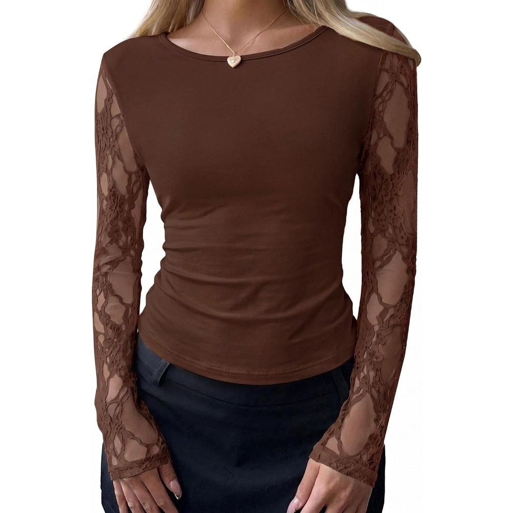image:imageBTFBM Fall Tops for Women 2026 Sheer Lace Long Sleeve Top Slim Fit BlousesBrown