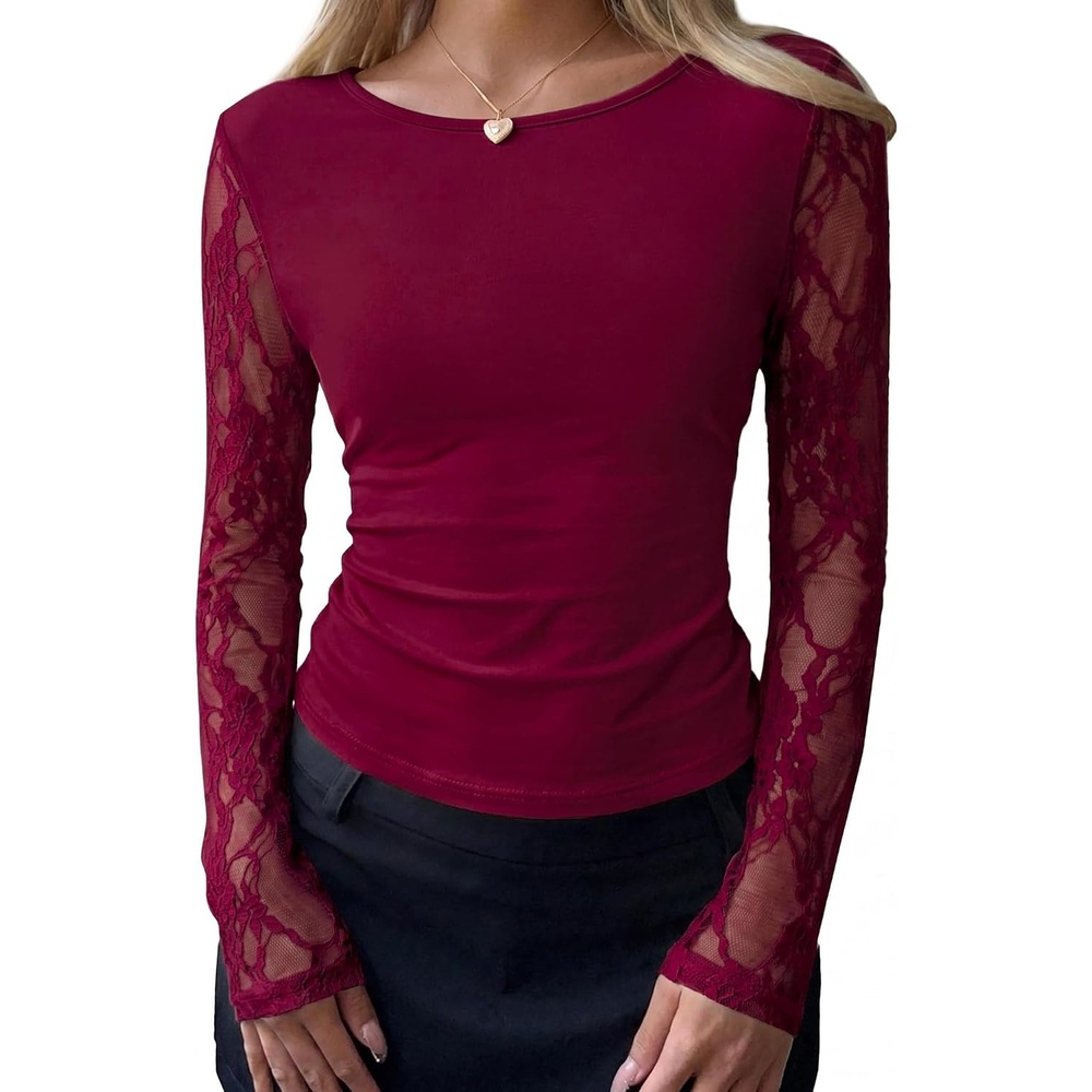 image:imageBTFBM Fall Tops for Women 2026 Sheer Lace Long Sleeve Top Slim Fit BlousesBurgundy