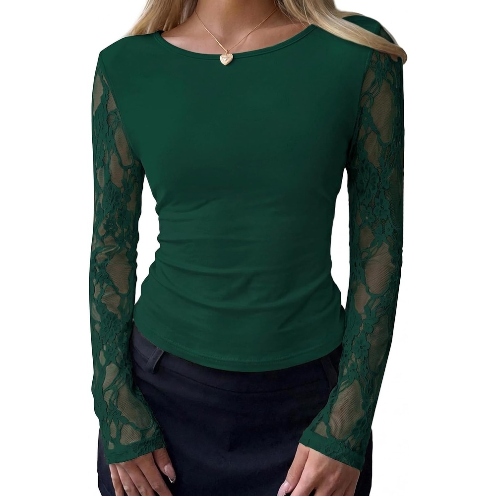 image:imageBTFBM Fall Tops for Women 2026 Sheer Lace Long Sleeve Top Slim Fit BlousesDark Green