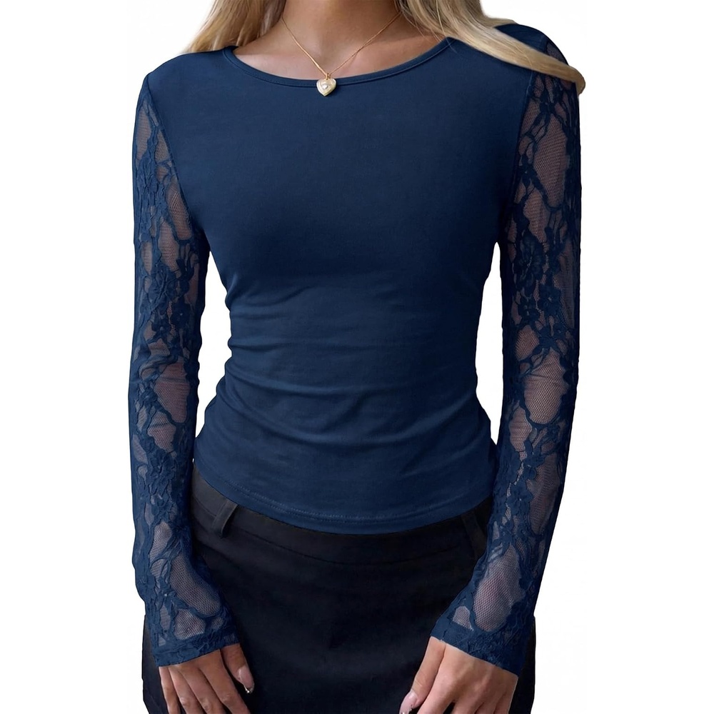 image:imageBTFBM Fall Tops for Women 2026 Sheer Lace Long Sleeve Top Slim Fit BlousesNavy Blue