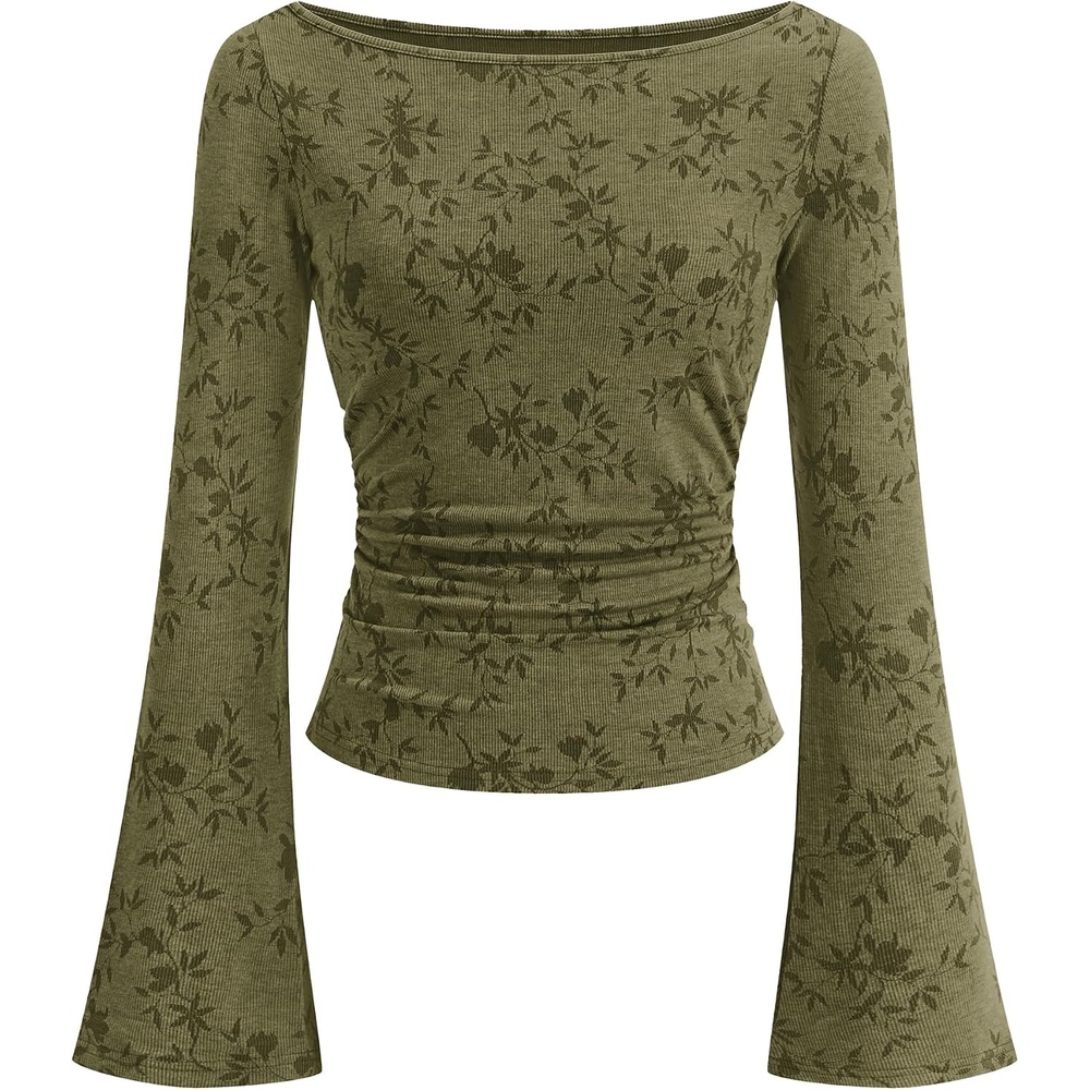 image:imageBTFBM Womens Bell Long Sleeve Boat Neck Floral Ribbed Knit TopsArmy Green