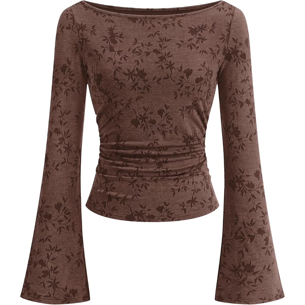image:imageBTFBM Womens Bell Long Sleeve Boat Neck Floral Ribbed Knit TopsBrown