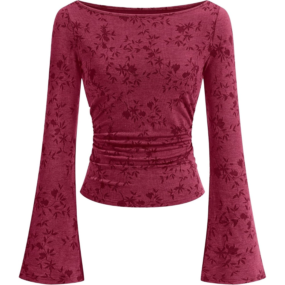 image:imageBTFBM Womens Bell Long Sleeve Boat Neck Floral Ribbed Knit TopsBurgundy