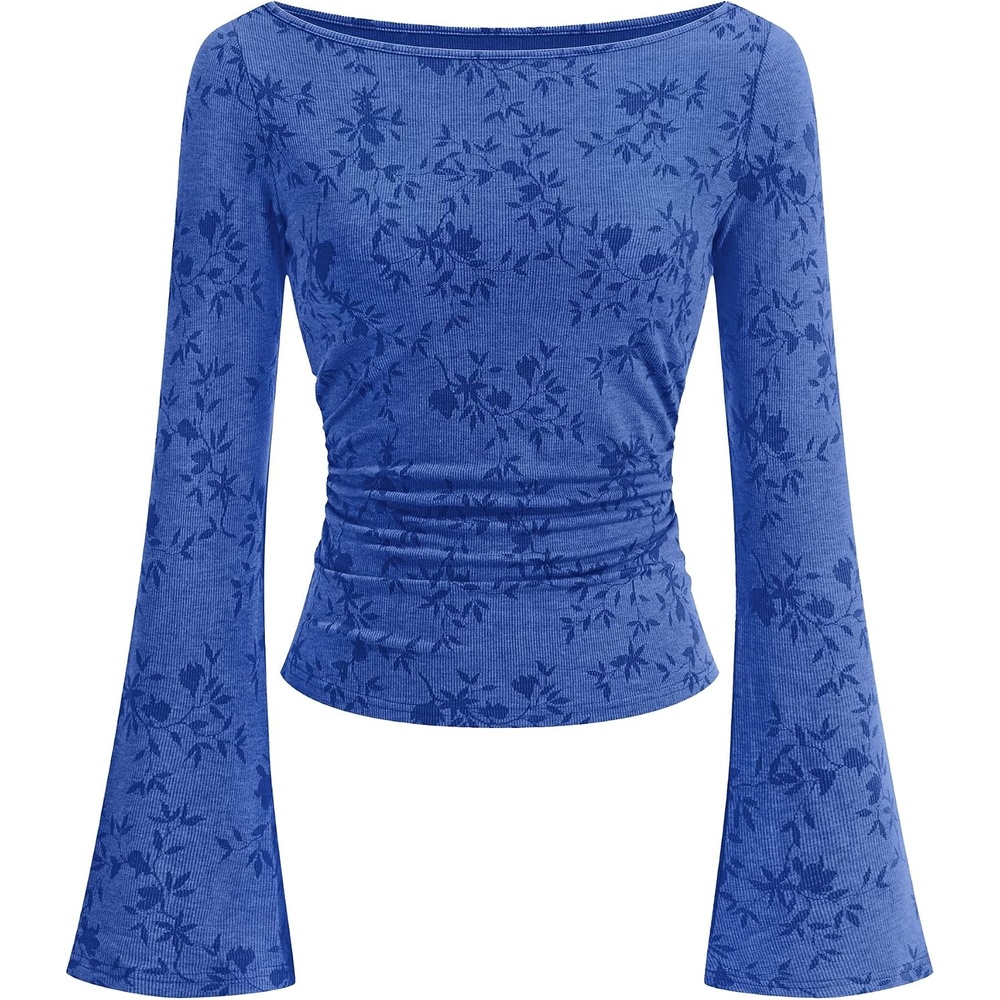 image:imageBTFBM Womens Bell Long Sleeve Boat Neck Floral Ribbed Knit TopsRoyal Blue