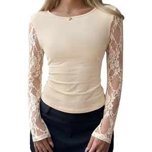 BTFBM Fall Tops for Women 2026 Sheer Lace Long Sleeve Top Slim Fit Blouses(Apricot)
