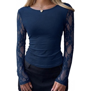 BTFBM Fall Tops for Women 2026 Sheer Lace Long Sleeve Top Slim Fit Blouses(Navy Blue)